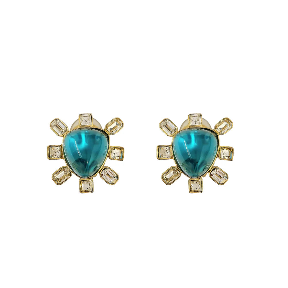 Clear Crystal and Aqua Cabochon Center Clip-on Earring