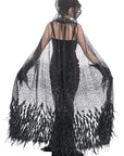 Western Fashion Sheer Beaded Long Cloak with Feather Trim