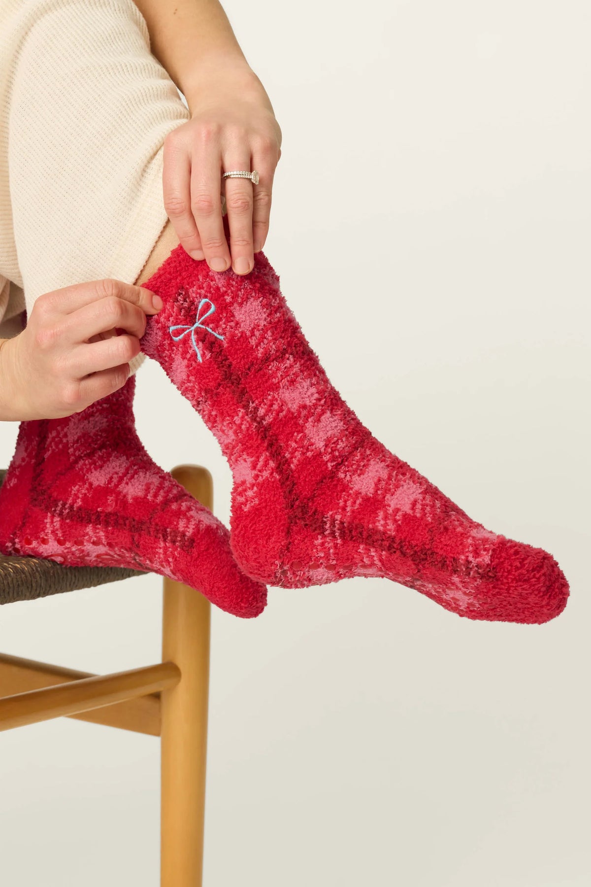 Red Plaid with Embroidered Bow Socks