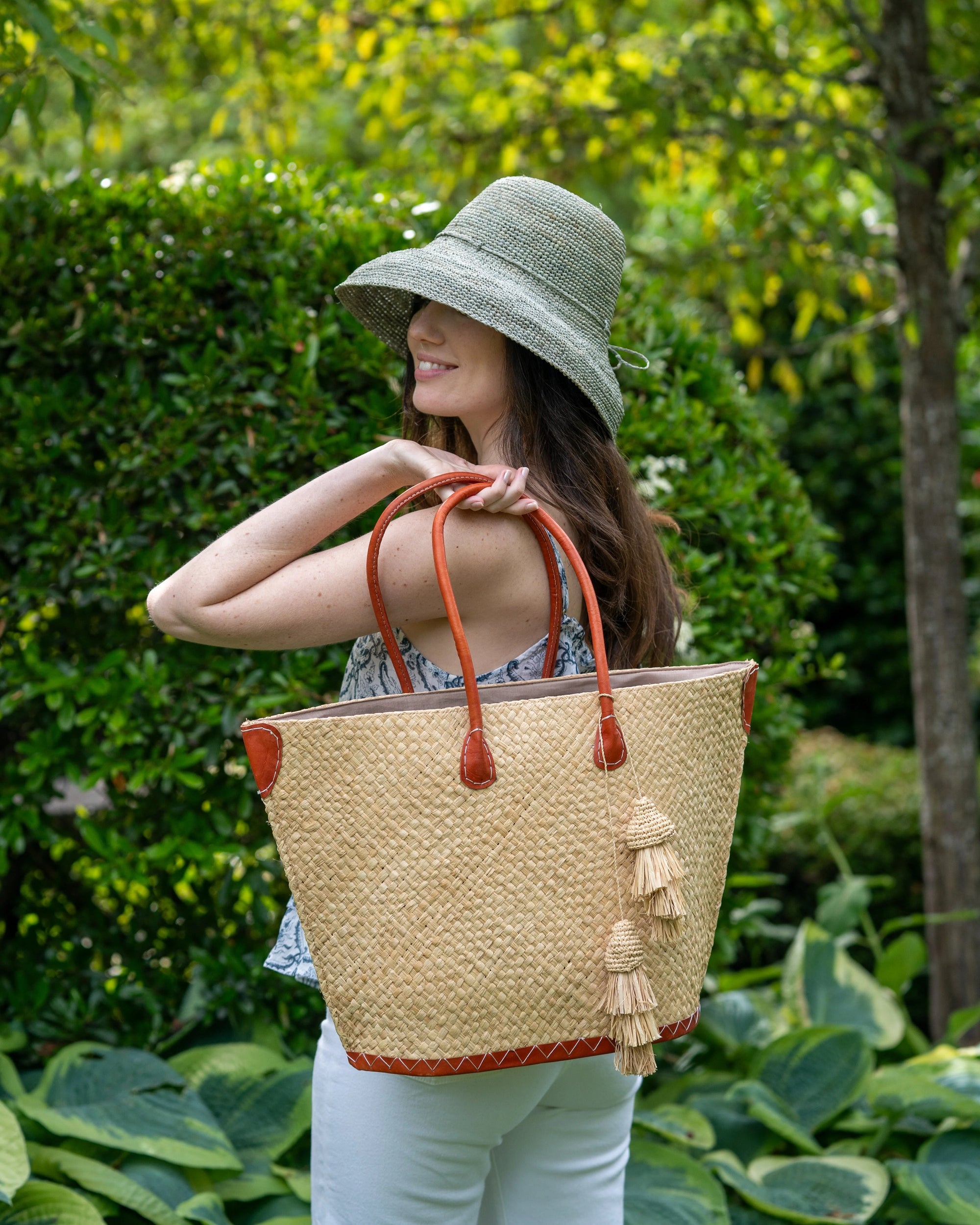 Santa Ynez Small Woven Straw Tote Bag with Tassel Charm Embellishment