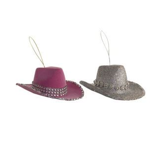 Pink & Silver Flocked Cowgirl Hat Ornament